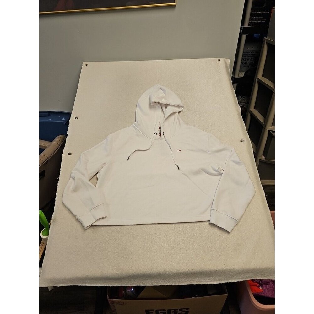Tommy Jeans Womens White Cropped Hoodie Fleece Sweatshirt XL‎ T12HODAC